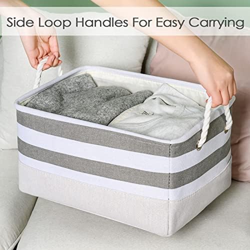 TheWarmHome Storage Basket Fabric Basket with Handles Dog Toy Basket Cloth Storage Bin Shelf Basket Decorative Storage Basket Shoe Basket Gift Basket(Grey&White Stripes-1 Pack,15.7L×11.8W×8.3H) - Image 6