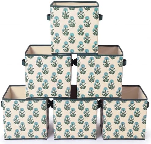 Bokon 6 Pcs 11'' Block Print Storage Bins Cubes Cyan Floral Storage Basket by Bokon