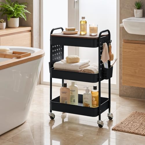 3 Tier Rolling Cart with DIY Pegboard, Metal Utility Cart with Table top - Image 7