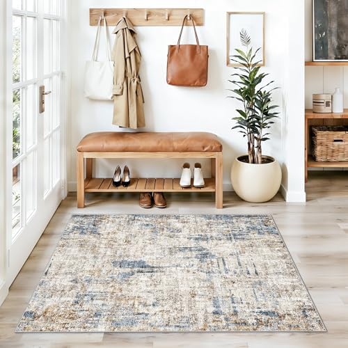 3x4 Rug Washable for Entryway - Non-Slip Modern Small Indoor Area Rug for Bathroom,Living Room，Bedroom - Abstract Neutral Soft Low-Pile Throw Mat with Rubber Backing (Blue Brown) - Image 4