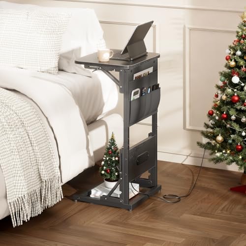 HLDIRECT C Shaped End Table with Charging Station & Storage Bag Black - Image 2