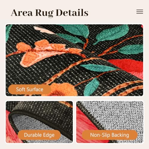 6x9 Ft Washable Area Rug for Living Room Black Vintage Floral Carpet - Image 6