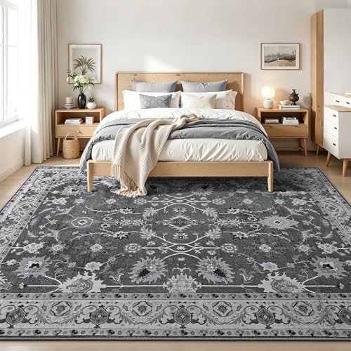 Hanples 9x12 Area Rugs for Living Room, Washable Rug Vintage Floral, Gray - Image 2