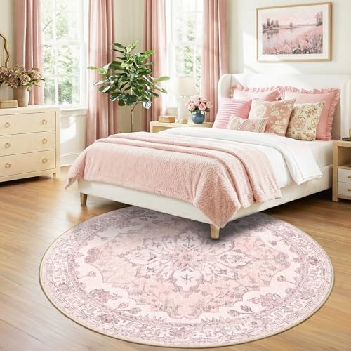 RELEANY Washable Area Rug, Round 7ft, Pink - Image 2