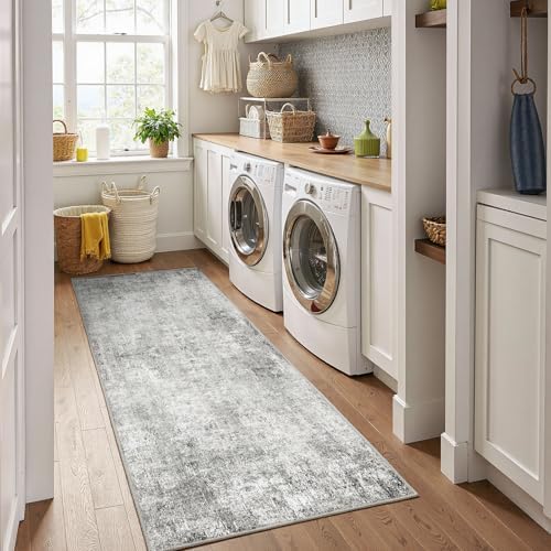 RELEANY Washable Runner 2'x8' Abstract Area Rug for Hallway Gray White - Image 3
