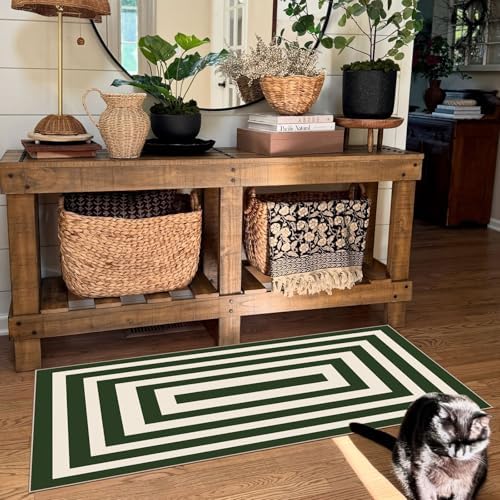 Front Door Mat Indoor Entrance 2x4.3 Modern Green White Striped Rug - Image 7