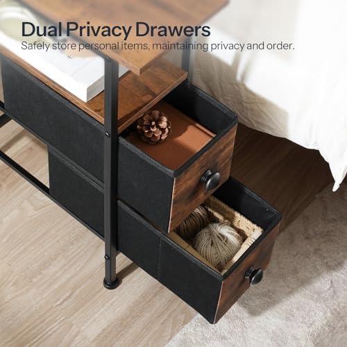 HOOBRO End Table with Charging Station, Narrow Side Table with 2 Fabric Drawers, Skinny Nightstand with Storage, Slim Bedside Table for Living Room, Small Spaces, Rustic Brown and Black BF487UBZ01 - Image 6