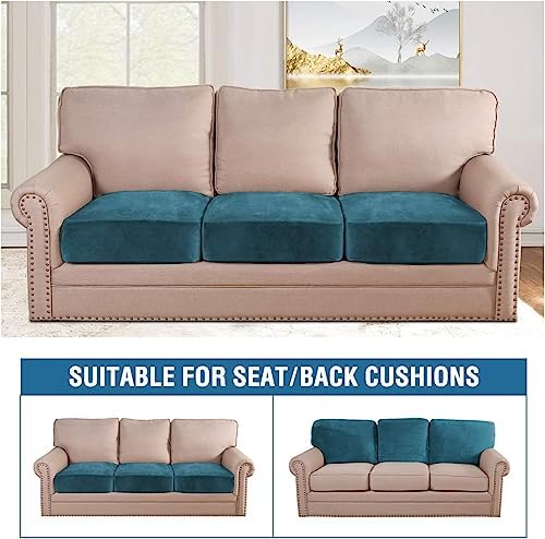H.VERSAILTEX Velvet Stretch Couch Cushion Cover Plush Cushion Slipcover for Chair Loveseat Sofa Cushion Furniture Protector Seat Cushion Sofa Cover (3 Piece XL Sofa Cushion Covers, Deep Teal) - Image 3