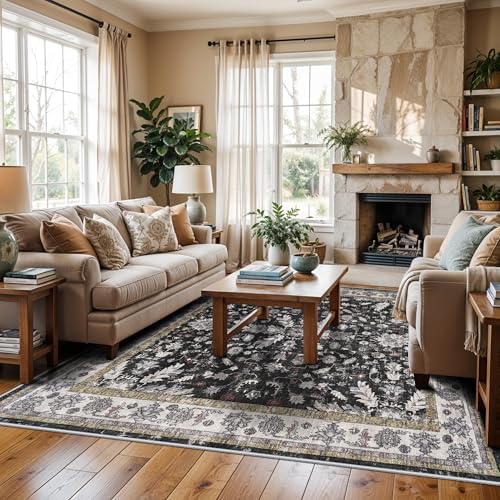 Square Rugs 5x5 Washable for Entryway: Non Slip Indoor Foot Carpet for Living Room, Boho Soft Black 5'x5' Low Pile Neutral Area Rug for Kitchen Dining Room Bathroom (Black, 5x5) - Image 3