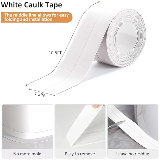 White Caulk Tape Self Adhesive Waterproof, Bathroom Peel & Stick Caulking Strip Floor Tile Wallpaper Toilet Tub Shower Wall Trim, DIY Project Renter Friendly Decor, Quick & Easy to Install in Minutes - Image 2