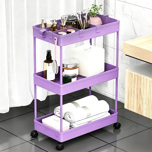 SPACELEAD Slim Storage Cart 3 Tier,Bathroom Organizer Rolling Utility,Mobile Shelving Unit Slide Out for Office, Kitchen, Laundry Room & Narrow Places,Purple by Home