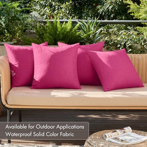 MIULEE Pack of 4 Decorative Outdoor Throw Pillow Covers Linen Waterproof Pillow Covers Farmhouse Cushion Cases for Patio Garden Tent Balcony Couch Sofa 18x18 inch Hot Pink - Image 2
