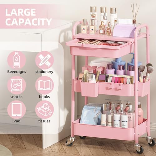 KINGRACK 3 Tier Metal Rolling Cart with Drawer, Pink Utility Storage Cart | 2 Cups & 4 Hooks, Lockable Wheels, Trolley Organizer for Bathroom, Kitchen, Office, Nursery, Dorm, Laundry, Craft Room - Image 3