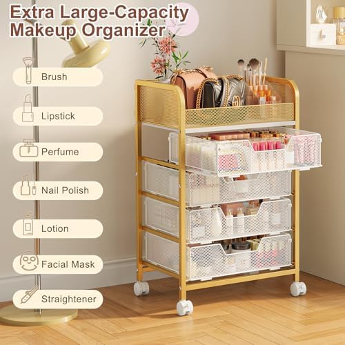 Hongtamoya Makeup Cart Organizer with 4 Drawers, Large Floor Skincare Organizers, Vanity Storage Organizer Cosmetics Display Cases for Skin Care Perfume Nail Polish, Gold - Image 7