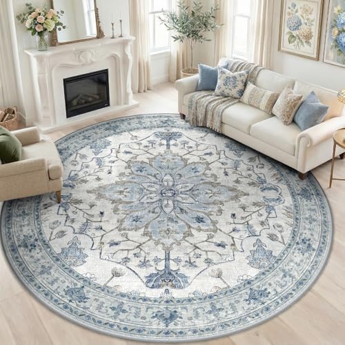 RELEANY Washable Area Rug, Round 7ft, Blue/White/Gray - Image 3