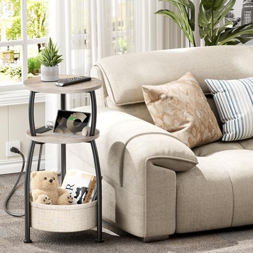 Side Table with Charging Station, Small Round End Table with Basket - Image 2