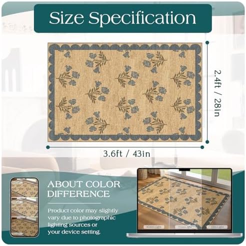 Floral Outdoor Rug - 28" x 43" Front Door Mat Indoor Outside Entrance Non-Slip Washable Outdoor Mat Jute-Look Blue Scalloped Rug for Entryway Kitchen Mudroom Layered Doormat for Front Porch - Image 2