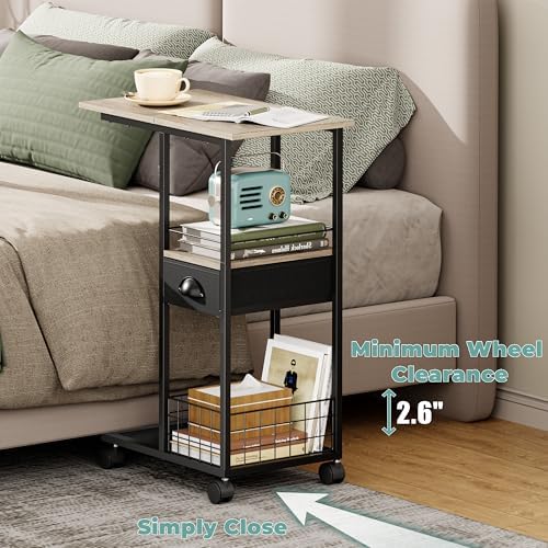 Rolling C Shaped Side Table with Storage Drawer, Ivory Portable Desk on Wheels, Bedside Table for Sofa Couch & Bed, Small Overbed Laptop Desk, Mobile Coffee End Table for Bedroom Living Room Dorm - Image 6