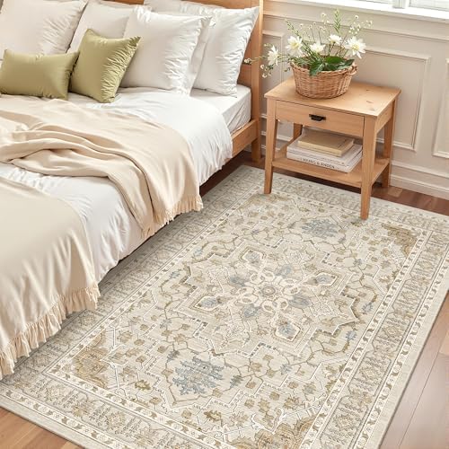 Madane Area Rug 4x6 Washable Rugs Vintage for Living Room, Beige/Blue - Image 4
