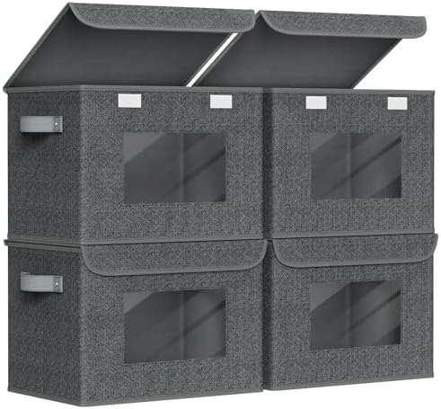 Univivi Fabric Foldable Storage Boxes with Lids, 4 Pack, Black by Univivi