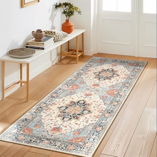RELEANY Washable Area Rug, Runner 2'x5', Beige/Blue/Orange by RELEANY