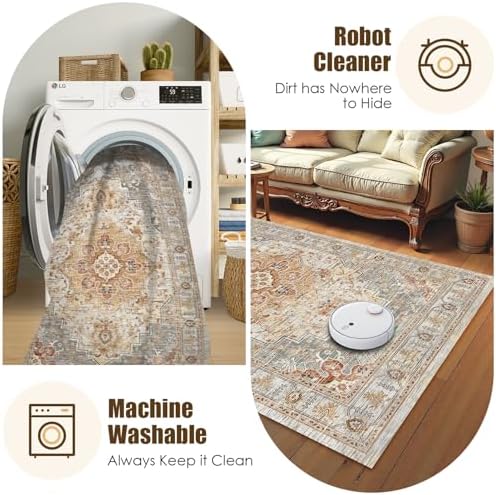 Washable Area Rug 4' x 6' Vintage Traditional Persian Mat - Foldable Distressed Non-Slip Machine Washable Carpet for Living Room Bedroom Kitchen Home Decor - Dove Gray and Coral - Image 7
