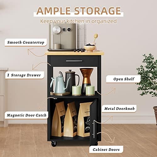 Shintenchi Kitchen Island Cart with Storage,Rolling Kitchen Island Side Table on Wheels with Worktop,Single Door Storage Cabinet and Drawer for Kitchen,Dinning Room, Black - Image 5