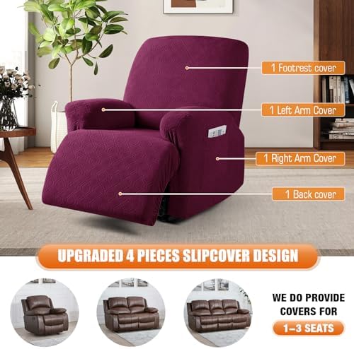VANSOFY Oversized Stretch Recliner Chair Cover, Burgundy, 1 Seater - Image 6