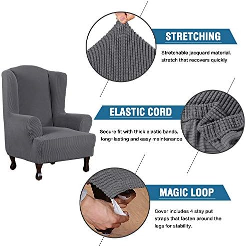 H.VERSAILTEX Wing Chair Slipcover Chair Covers for Wingback Chairs Wingback Chair Covers Slipcovers 1 Piece Stretch Sofa Cover Furniture Protector Spandex Jacquard Checked Pattern, Grey - Image 3