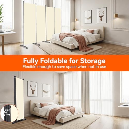 88" W 4 Panel Room Divider, Portable Privacy Screen W/Wheels Freestanding - Image 6