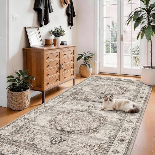 Washable Hallway Runner Rugs 4x8: Soft Ultra Thin Low Pile Carpet Machine Washable Indoor Lightweight Rug Runner Anti Slip Backing Rugs for Living Room Bedroom Kitchen 4'x8' Beige - Image 2