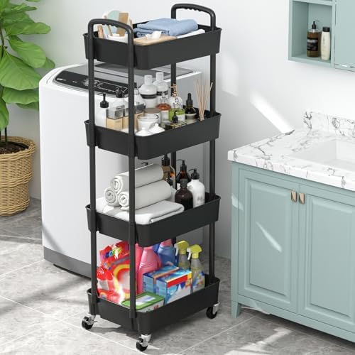 Sywhitta 4-Tier Plastic Rolling Utility Cart with Wheels for Storage, Black - Image 5