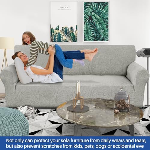 YEMYHOM Couch Cover Latest Jacquard Design High Stretch Sofa Covers for 3 Cushion Couch, Pet Dog Cat Proof Slipcover Non Slip Magic Elastic Furniture Protector (Large, Begonia Leaf Light Gray) - Image 2