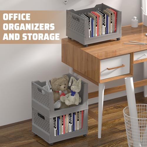 Stackable Plastic Storage Bins, 3 Pack Foldable Closet Organizers and Storage Basket with Wheels, Collapsible Drawer Shelf Storage Box Container for Office Bedroom Closet Wardrobe Kitchen Bathroom - Image 2