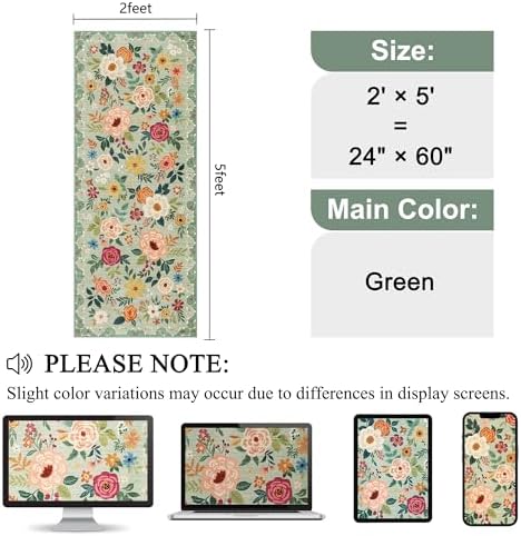 DUKINO 2x5 Runner Rug, Floral Washable Rug for Kitchen Non Slip, Green - Image 2