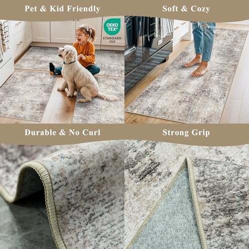 Kitchen Mats for Floor 3 Piece Set,Non-Slip Washable Kitchen Mats for Hardwood Floor, Boho Farmhouse Runner Rug for Sink,Entryway & Hallway & Bathroom (Brown Grey Beige, 2x3+2x4+2x5) - Image 4