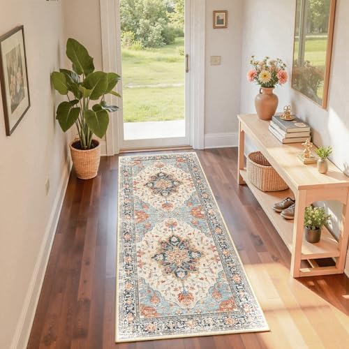 RELEANY Washable Area Rug, Runner 2'x6', Beige/Blue/Orange - Image 4