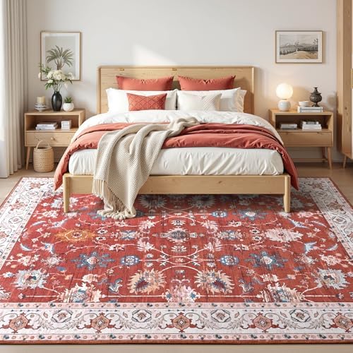 Hanples 8x10 Area Rugs for Living Room, Washable Rug Vintage Floral, Red - Image 3