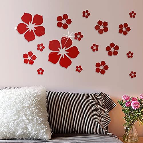 Philbinden Acrylic Mirror Floral Wall Stickers Self Adhesive Mirror Decor Removable 3D Flower DIY Wall Sticker for Living Room Bedroom Bathroom (Red) - Image 3