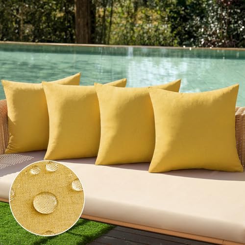 MIULEE Pack of 4 Decorative Outdoor Throw Pillow Covers Linen Waterproof Pillow Covers Summer Farmhouse Cushion Cases for Patio Garden Tent Balcony Couch Sofa 18x18 Inch Yellow by MIULEE