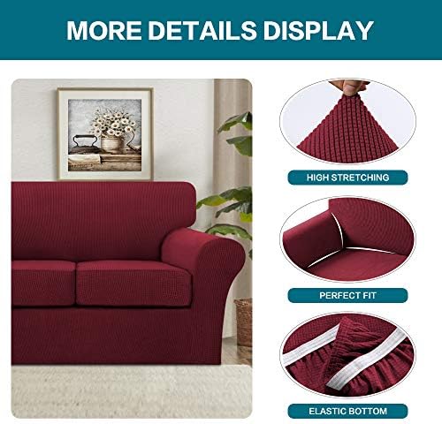 Turquoize 3 Piece Sofa Covers for 2 Cushion Couch Sofa Slipcover Soft Couch Cover for Dogs-Washable Sofa Furniture Covers with 2 Individual Cushion Covers, Thick Jacquard Fabric (Loveseat, Burgundy) - Image 4