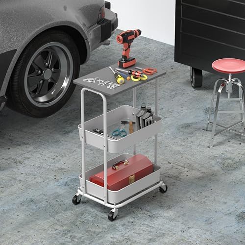 Simple Houseware 2-Tier Rolling Utility Cart Wood Top/Lockable Wheel, Gray - Image 6