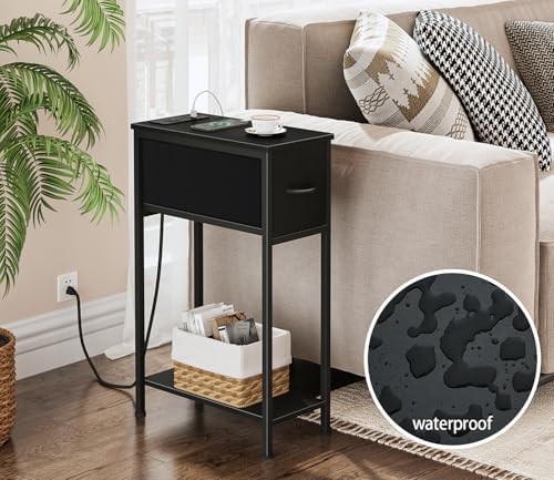 Vagusicc End Table with Charging Station, Narrow Side Table Nightstand with Fabric Drawer, Slim Nightstand for Bedroom, Small Bedside Table, Slim Sofa Side Table for Small Spaces, Black - Image 7