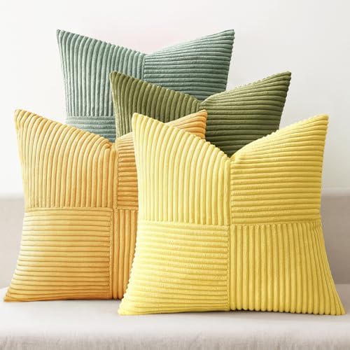 MIULEE Boho Farmhouse Spring Decorative Throw Pillow Covers 20x20 Inch 4 Packs Soft Vintage Pillow Cases Modern Corduroy Patchwork Cushion Covers for Couch Sofa Bed Summer Home Decor, Yellow Green by MIULEE