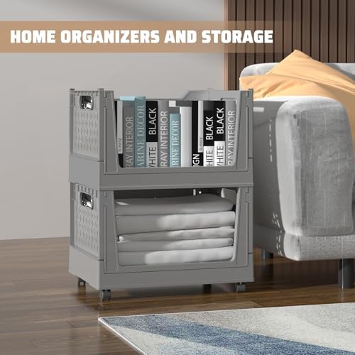 Stackable Plastic Storage Bins, 3 Pack Foldable Closet Organizers and Storage Basket with Wheels, Collapsible Drawer Shelf Storage Box Container for Office Bedroom Closet Wardrobe Kitchen Bathroom - Image 3