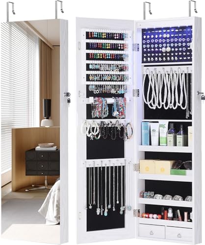 GISSAR Full Length Mirror Jewelry Cabinet, 6 LEDs Jewelry Armoire Wall Mounted Over The Door Hanging, Jewelry Organizer Storage with Lights Lockable White by GISSAR