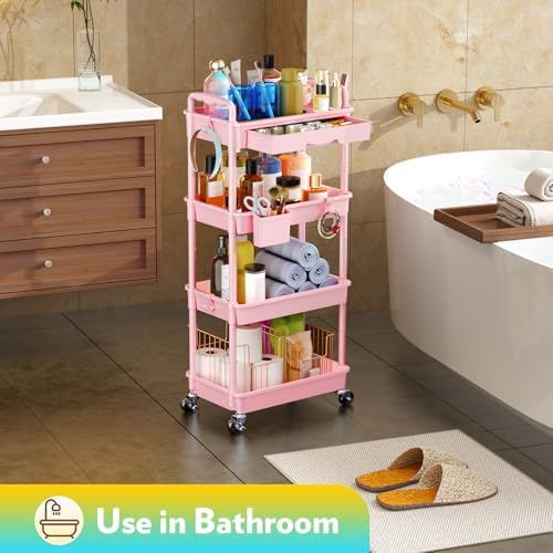 SUNALLY Makeup Cart Organizer with Drawer, 4 Tier Rolling Makeup Cart, Pink - Image 7