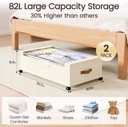 Yecaye 82L Under Bed Storage Containers, Fits 9.4" Under Bed, 2 Pack, Beige - Image 2