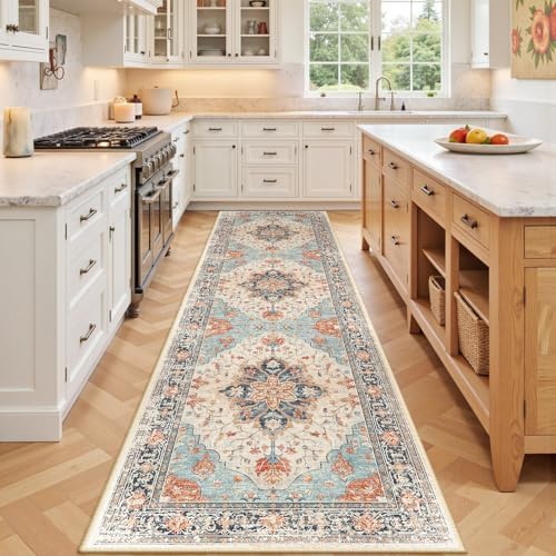 RELEANY Washable Area Rug, Runner 3'x9', Beige/Blue/Orange by RELEANY