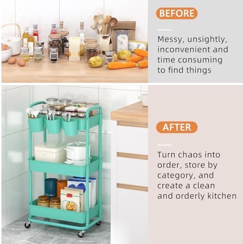 JIUYOTREE 3-Tier Plastic Rolling Storage Cart Utility Cart Green - Image 5